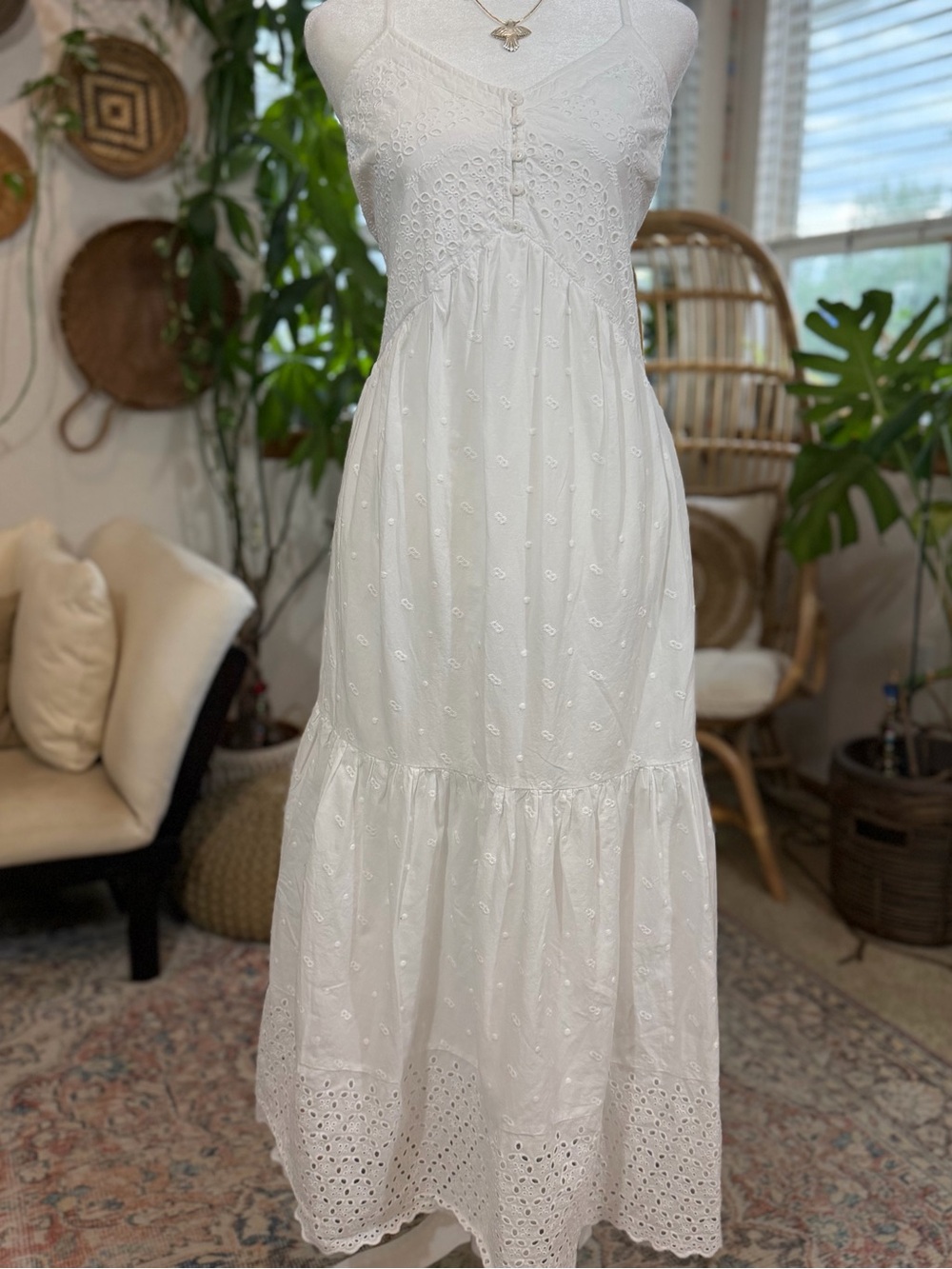White Eyelet Lace Boho Maxi Dress Women’s Large | Cottagecore Coastal Prairie - Picture 2 of 13
